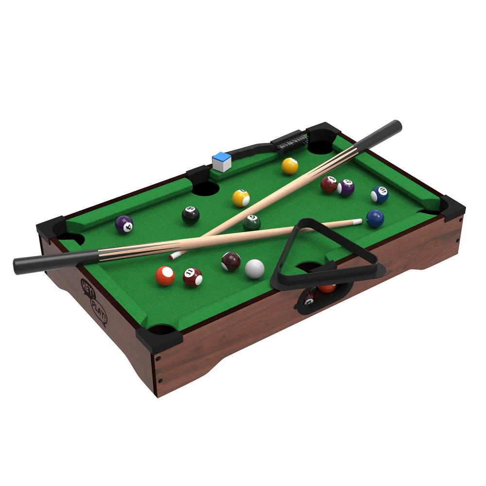 hey! play! mini tabletop pool set- billiards game includes game balls, sticks, chalk, brush and triangle-portable and fun for