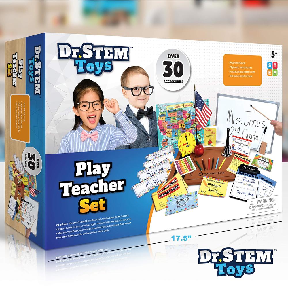 ben franklin toys play teacher role-play set includes reusable white board, bell, report cards, for home or classroom, over 3