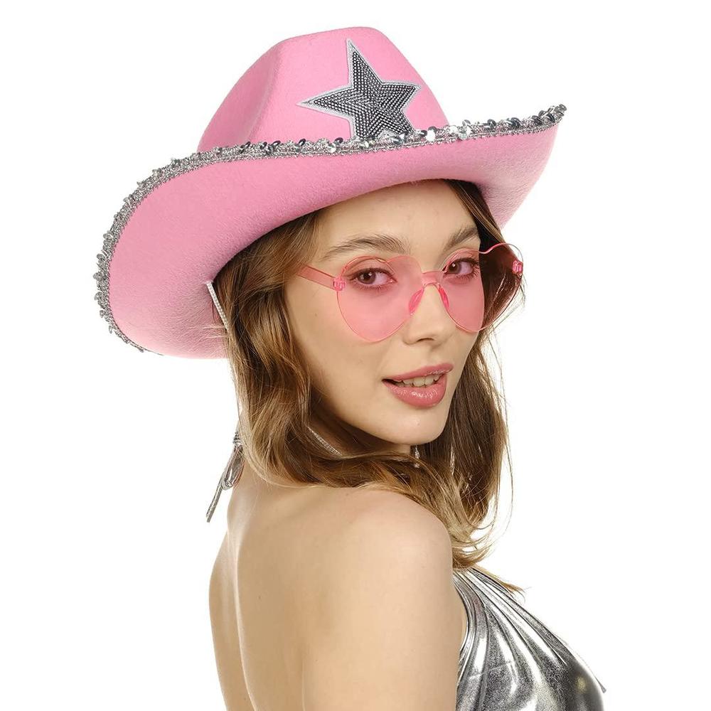 funcredible pink cowgirl hat with heart glasses - pink cowboy hat with silver sequin star - halloween cow girl costume access