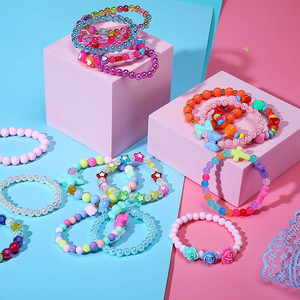 PinkSheep pinkseep beaded bracelets for kids- 12 pack 36 pc, little girl plastic bracelets, flower butterfly pink bracelet, party favor