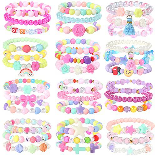 PinkSheep pinkseep beaded bracelets for kids- 12 pack 36 pc, little girl plastic bracelets, flower butterfly pink bracelet, party favor