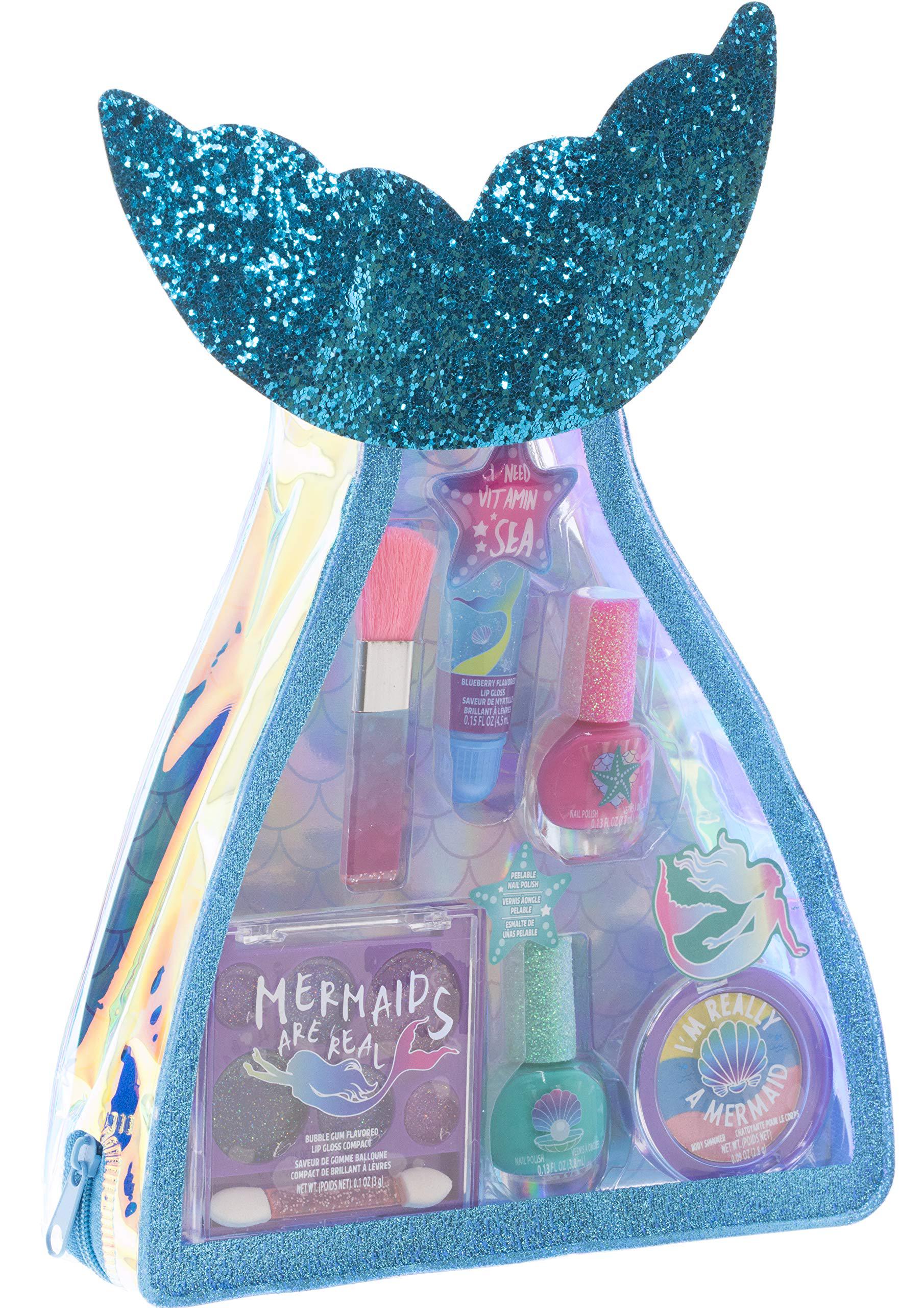 Townley Girl Mermaid Vibes Makeup Set with 8 Pieces, Including Lip Gloss, Nail Polish, Body Shimmer and More in Mermaid Bag, Age