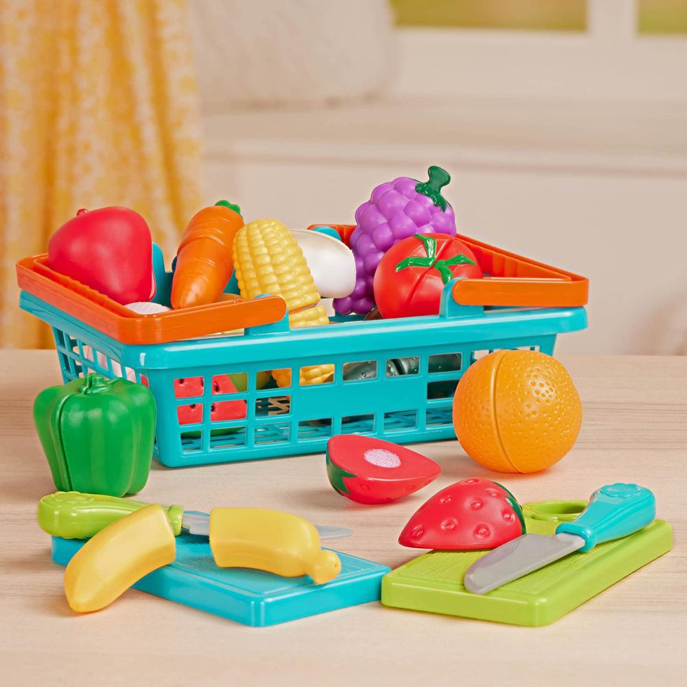 battat play food for toddlers with farmers market basket and chopping board, toy food for kids kitchen and pretend play for a