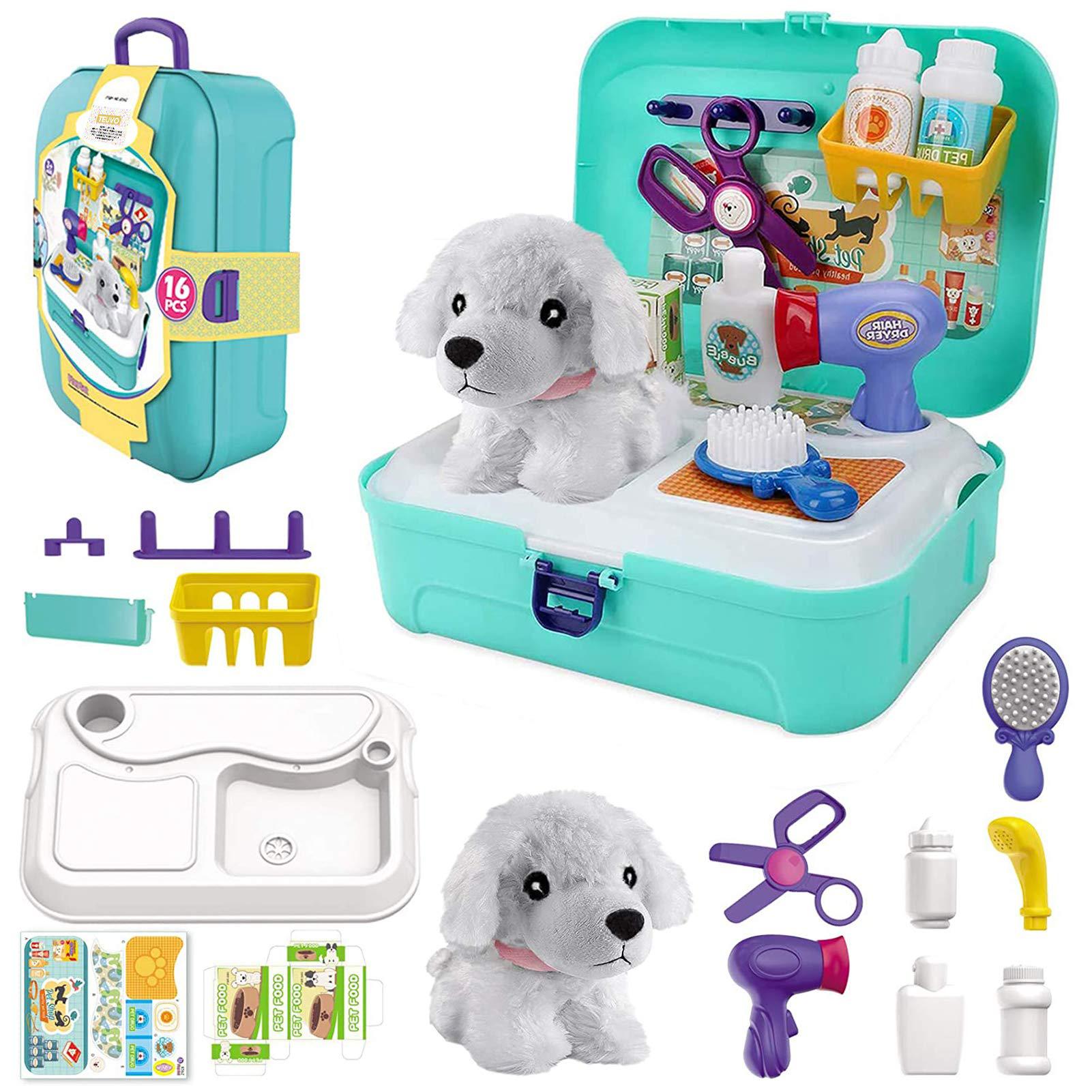 teuvo pet care play set doctor kit for kids, 16 pcs doctor pretend play vet dog grooming toys puppy dog carrier feeding dog b