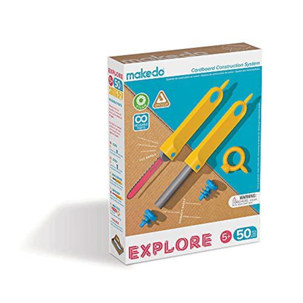 makedo explore | upcycled cardboard construction toolkit in small toolbox (50 pieces) | stem + steam educational toys for at 