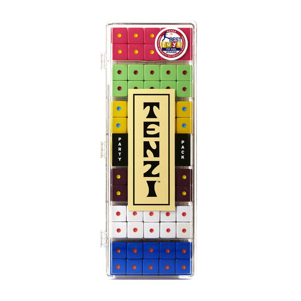 tenzi party pack dice game - a fun, fast frenzy for the whole family - 6 sets of 10 colored dice with storage case - colors m