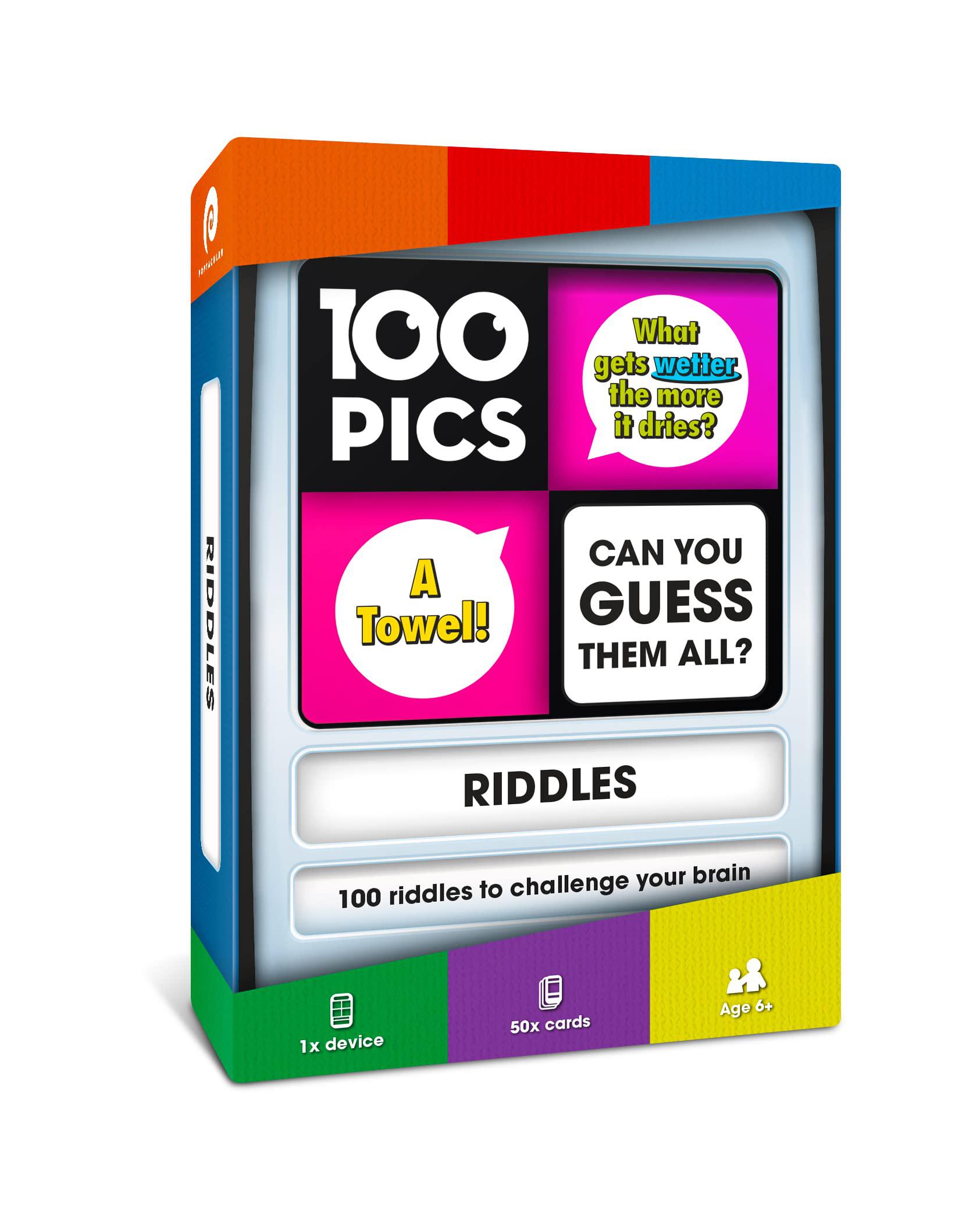 100 PIcS Riddles Travel game - guess 100 Riddles  Flash cards with Slide Reveal case  card game, gift, Stocking Stuffer  Fun for