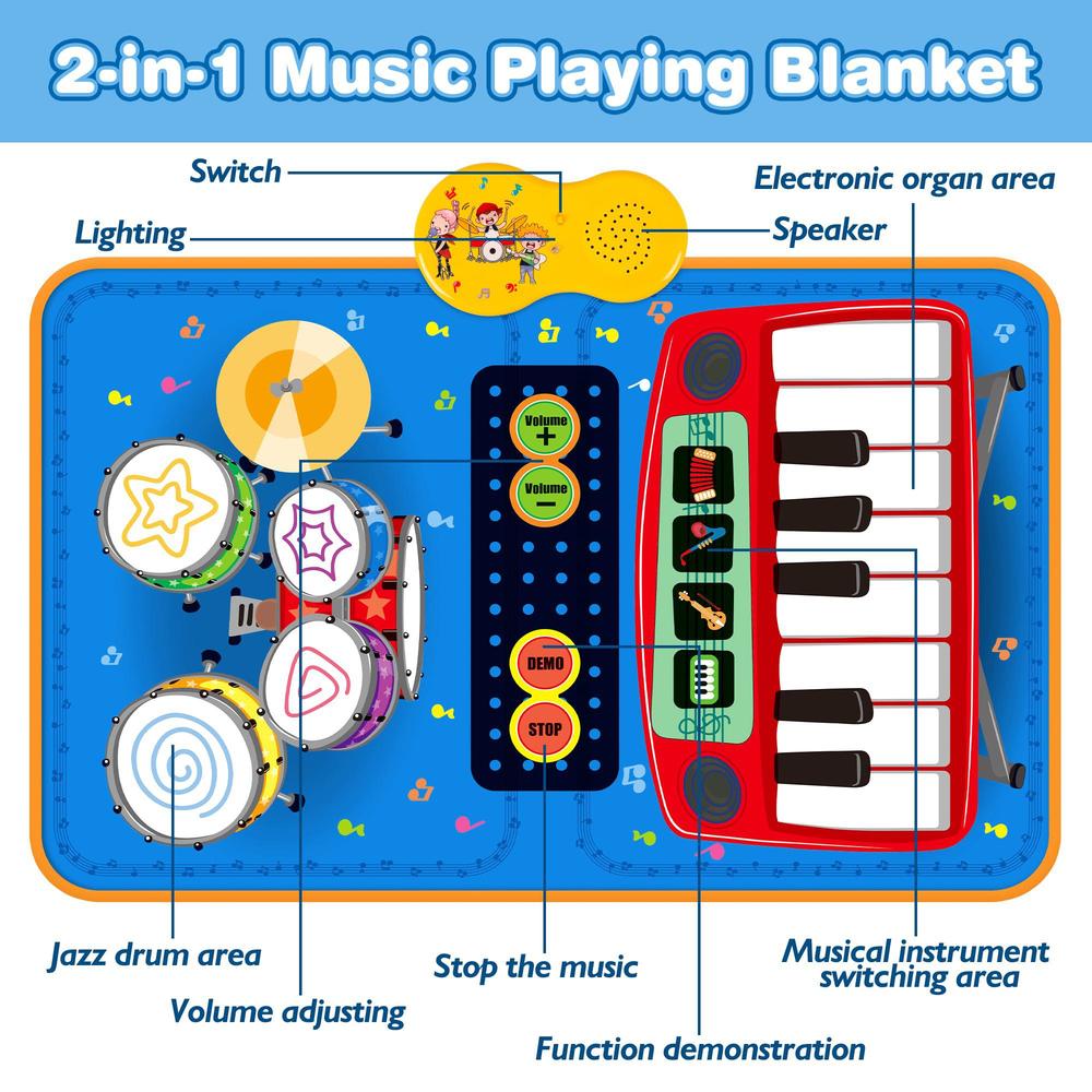 PECMPO baby 2 in 1 musical mats-piano keyboard & drum for toddlers-early education portable touch musical play mat-learning toys gif