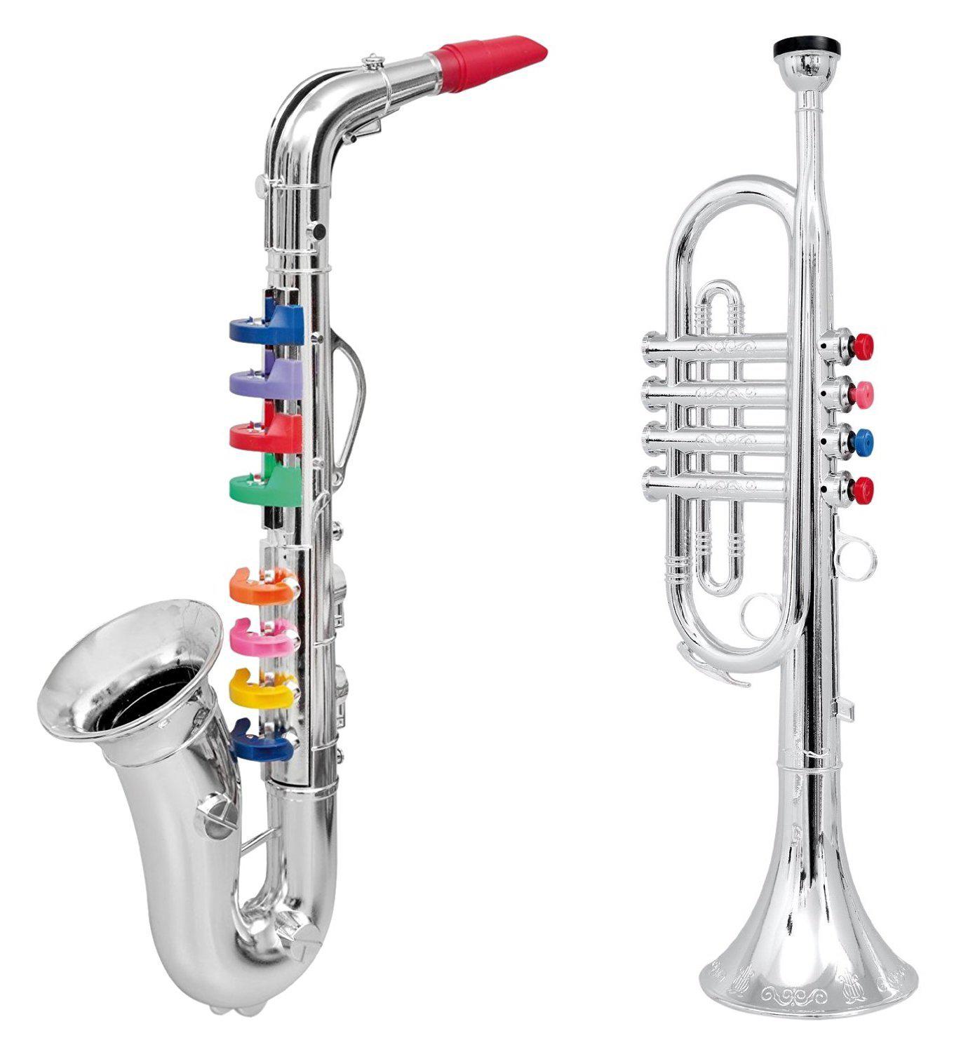 Click n\' Play click n' play toy trumpet and toy saxophone set for kids - create real music - safety tested bpa free - beautiful silver fini
