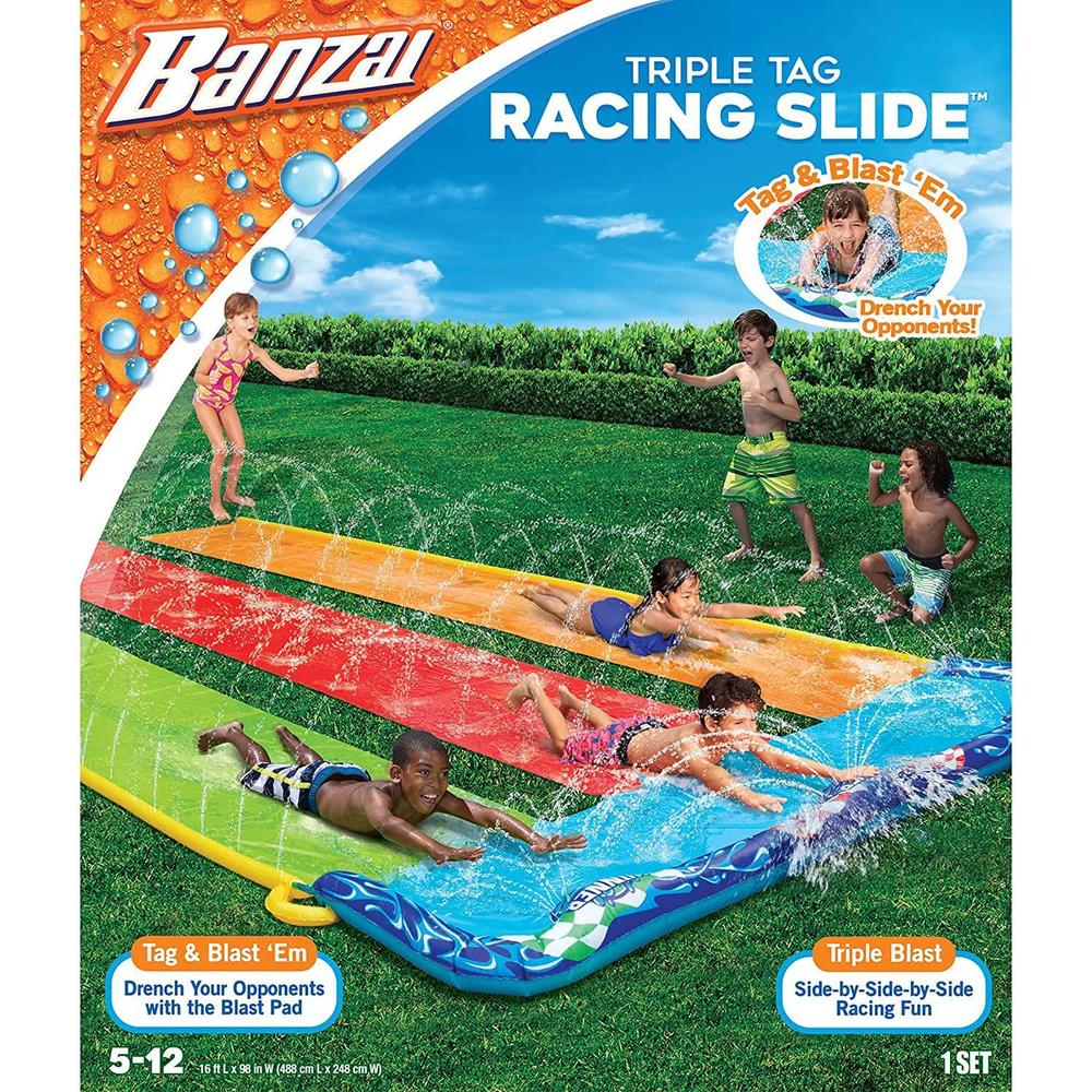 banzai 16 feet triple tag racing water slide - side-by-side-by-side racing fun!