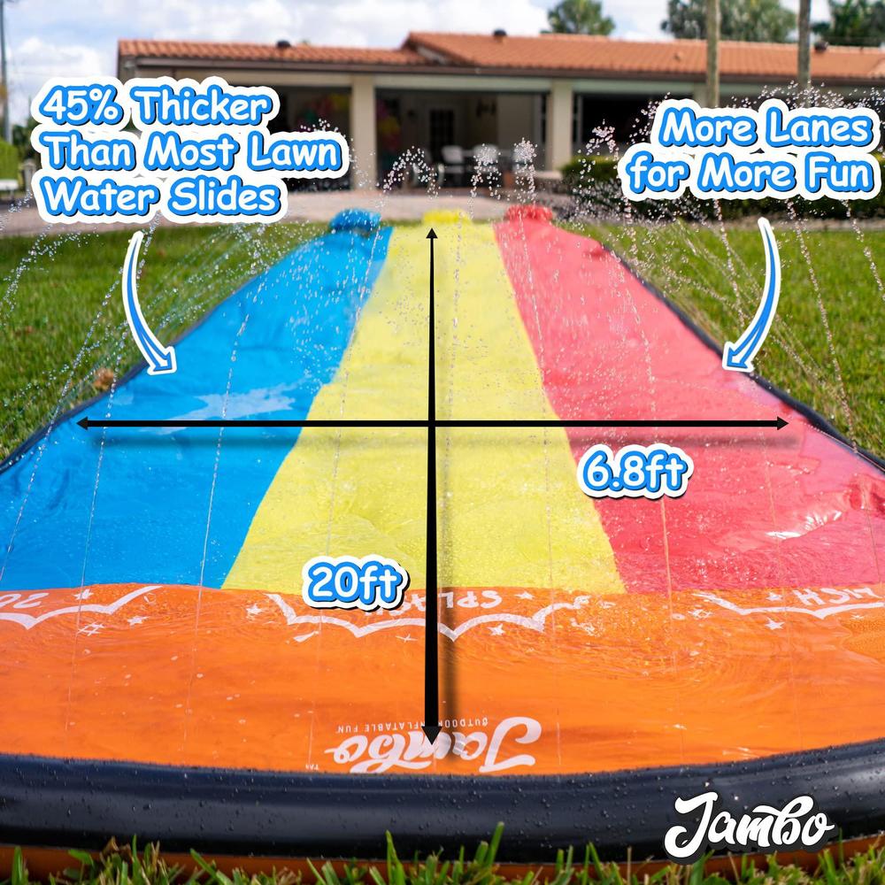 jambo xl premium slip splash and slide with 3 bodyboards, heavy duty water slide with advanced 3-way water sprinkler system, 