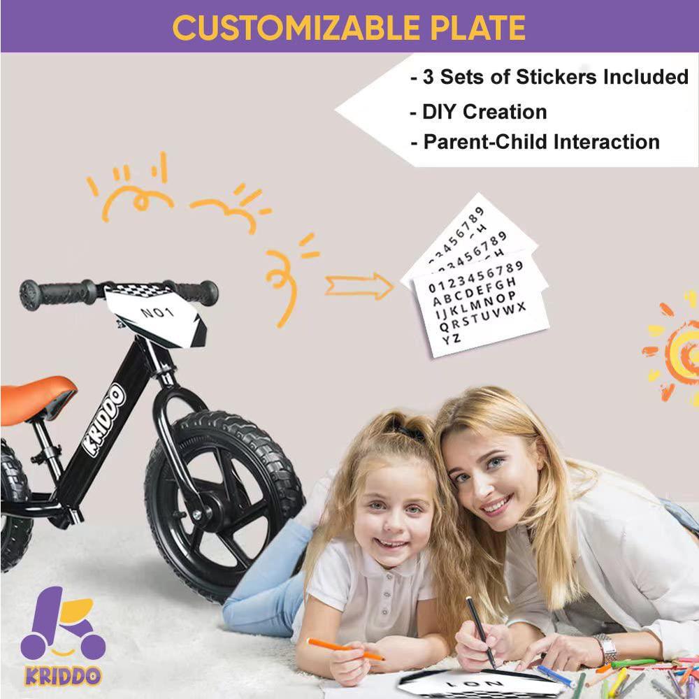 kriddo toddler balance bike 2 year old,12 inch push bicycle with customize plate (3 sets of stickers included), steady balanc