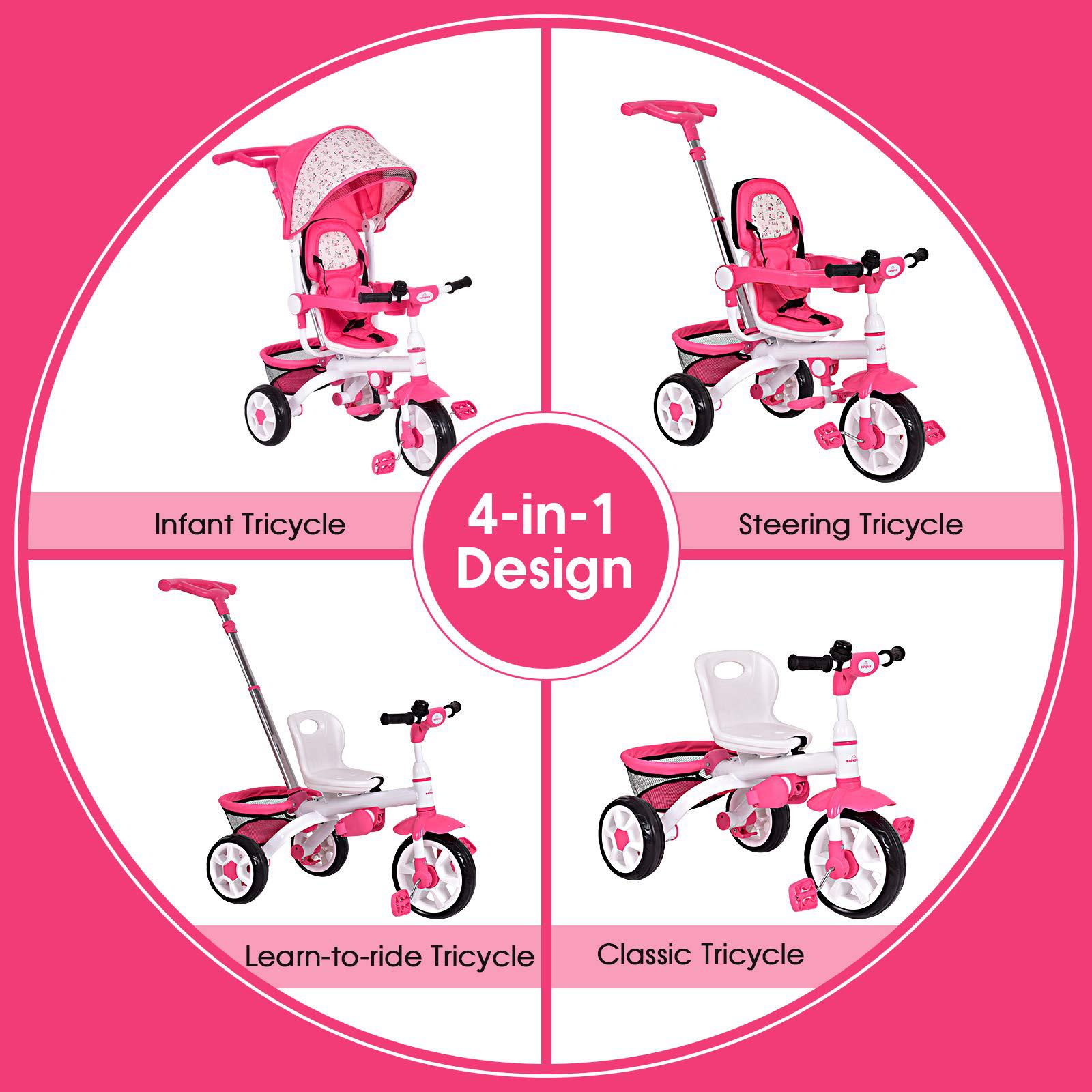 costzon tricycle for toddlers, 4 in 1 trike w/parent handle, adjustable canopy, storage, safety harness & wheel brakes, baby 