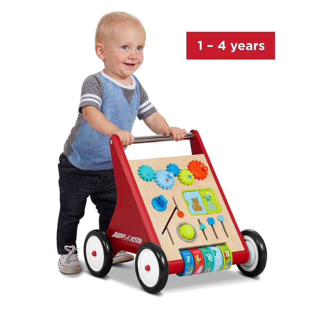radio flyer classic push & play walker, toddler walker with activity play, ages 1-4, red walker toy