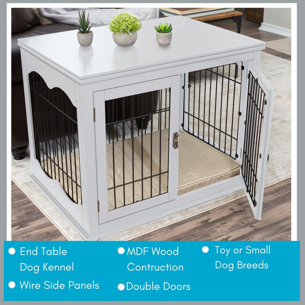 birdrock home decorative dog kennel with pet bed for small dogs - white - double door - wooden wire dog house - indoor pet do
