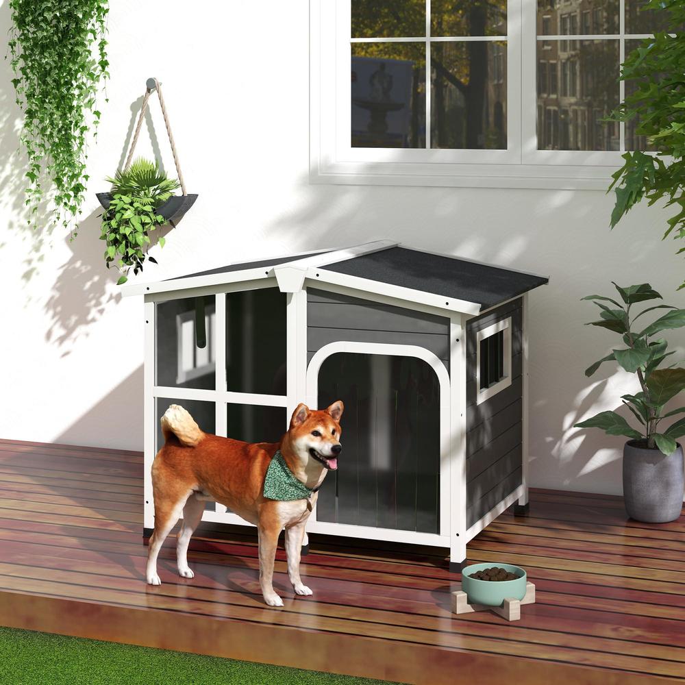 pawhut cabin-style wooden dog house for large dogs outside with openable roof & giant window, big dog house outdoor & indoor,