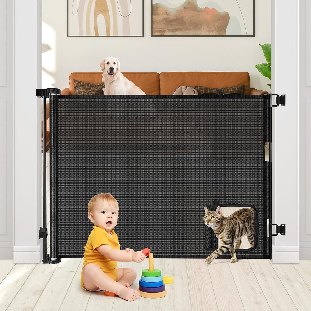 WOMHOM retractable baby gate with door 55" wide mesh baby gates with cat door retractable dog gate for the house outdoor retractable