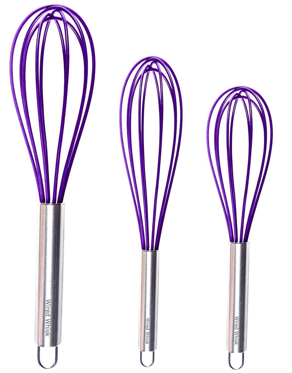 Wired Whisk silicone whisk set of 3 - stainless steel & silicone non-stick coating - colored balloon egg beater for blending, whisking, b