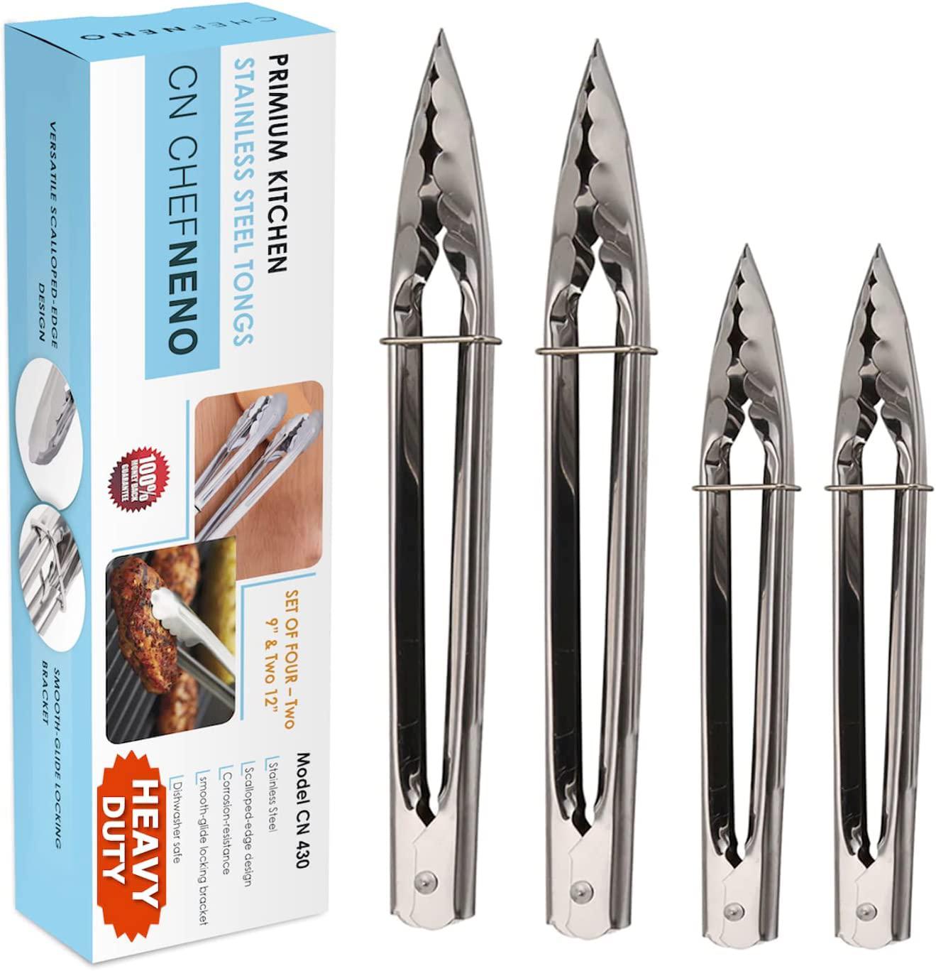 ChefNeno chefneno heavy duty kitchen food tongs stainless steel tongs  utility metal tongs 12 inch and 9 inch (4 pack) for cooking gril