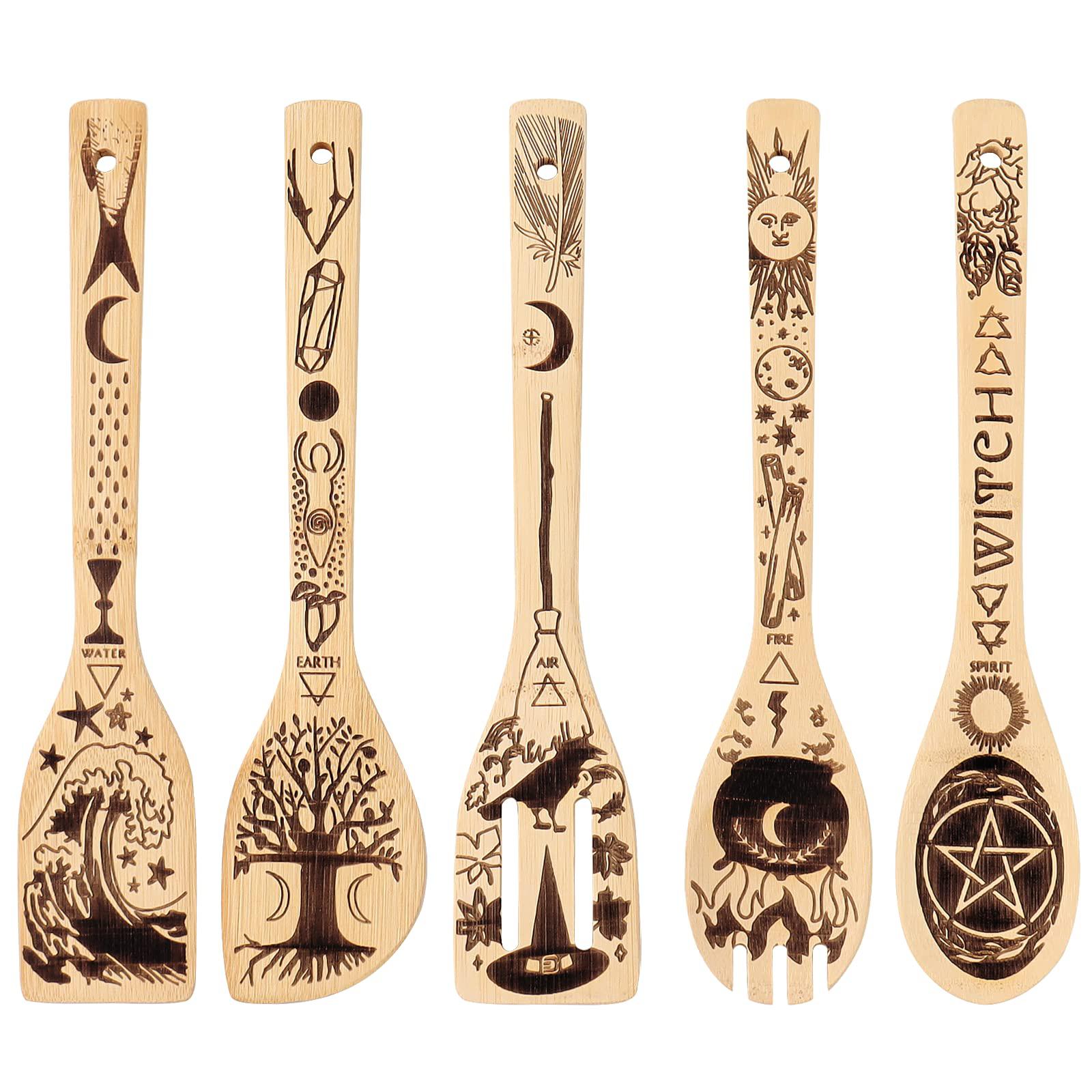 FUTERLY 5 pcs witchy wooden spoons for cooking - witch gifts for women,witch  stuff wooden spatula for kitchen witch decor,cottagecore