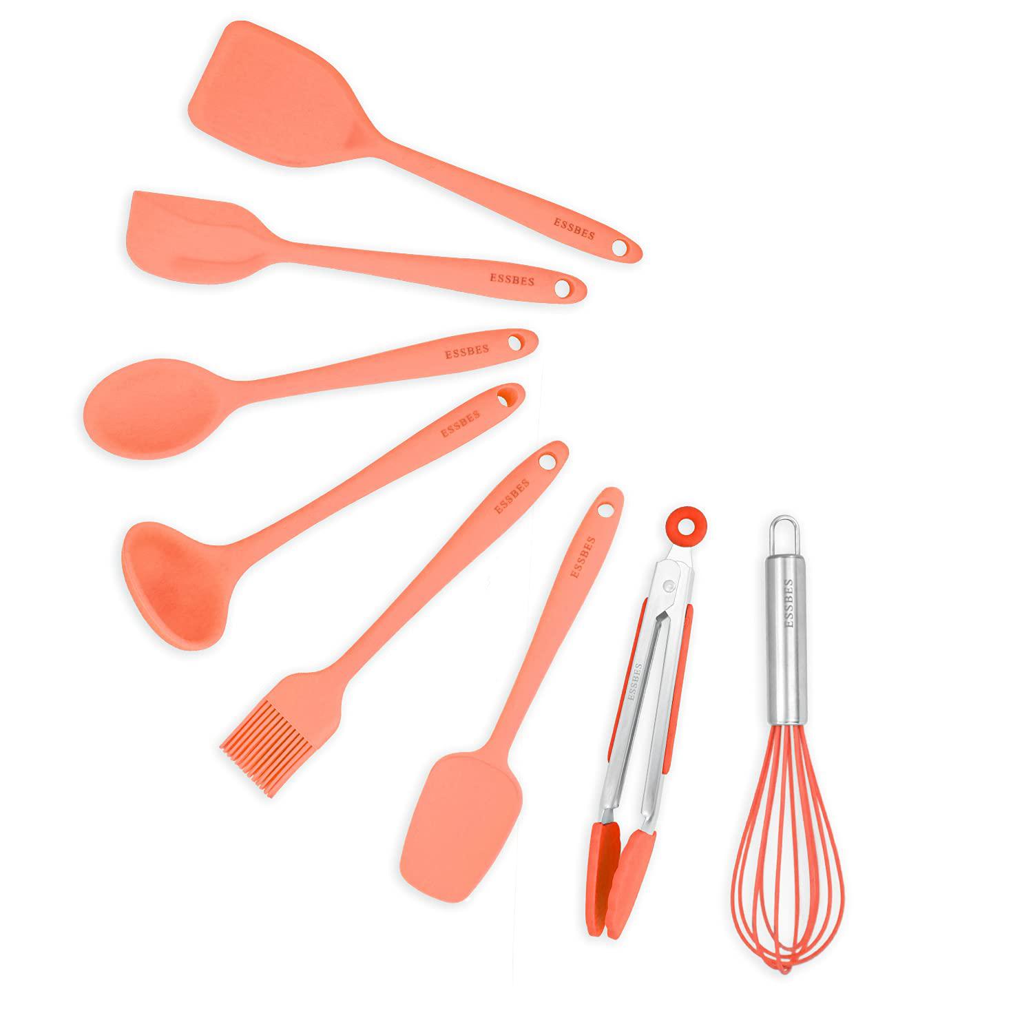 essbes silicone mini kitchen utensils set of 8 small kitchen tools nonstick cookware with hanging hole (orange)