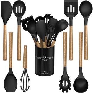 CACOLES silicone kitchen cooking utensil set, 9pcs kitchen utensils spatula  set with wooden handle for nonstick cookware, 446f heat r
