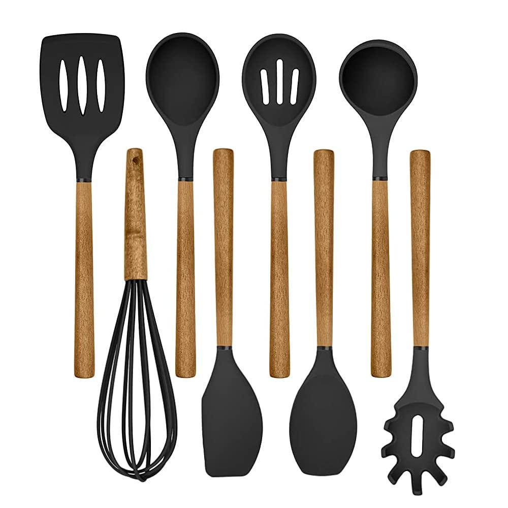 country kitchen silicone cooking utensils, 8 pc kitchen utensil set, easy to clean wooden kitchen utensils, cooking utensils 
