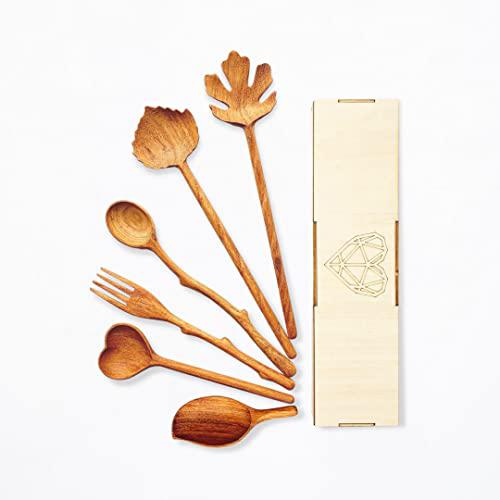 Bobby Creativity natural wooden spoons and forks set (set of 6), salad  tongs for serving, cooking gifts for mom, housewarming hostess gifts, t