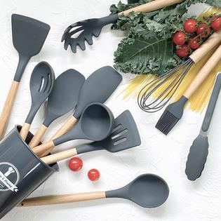QIYU qiyu silicone cooking utensils set, kitchen utensils set 12pcs,food  grade safety silicone utensils with wooden handles, 480?