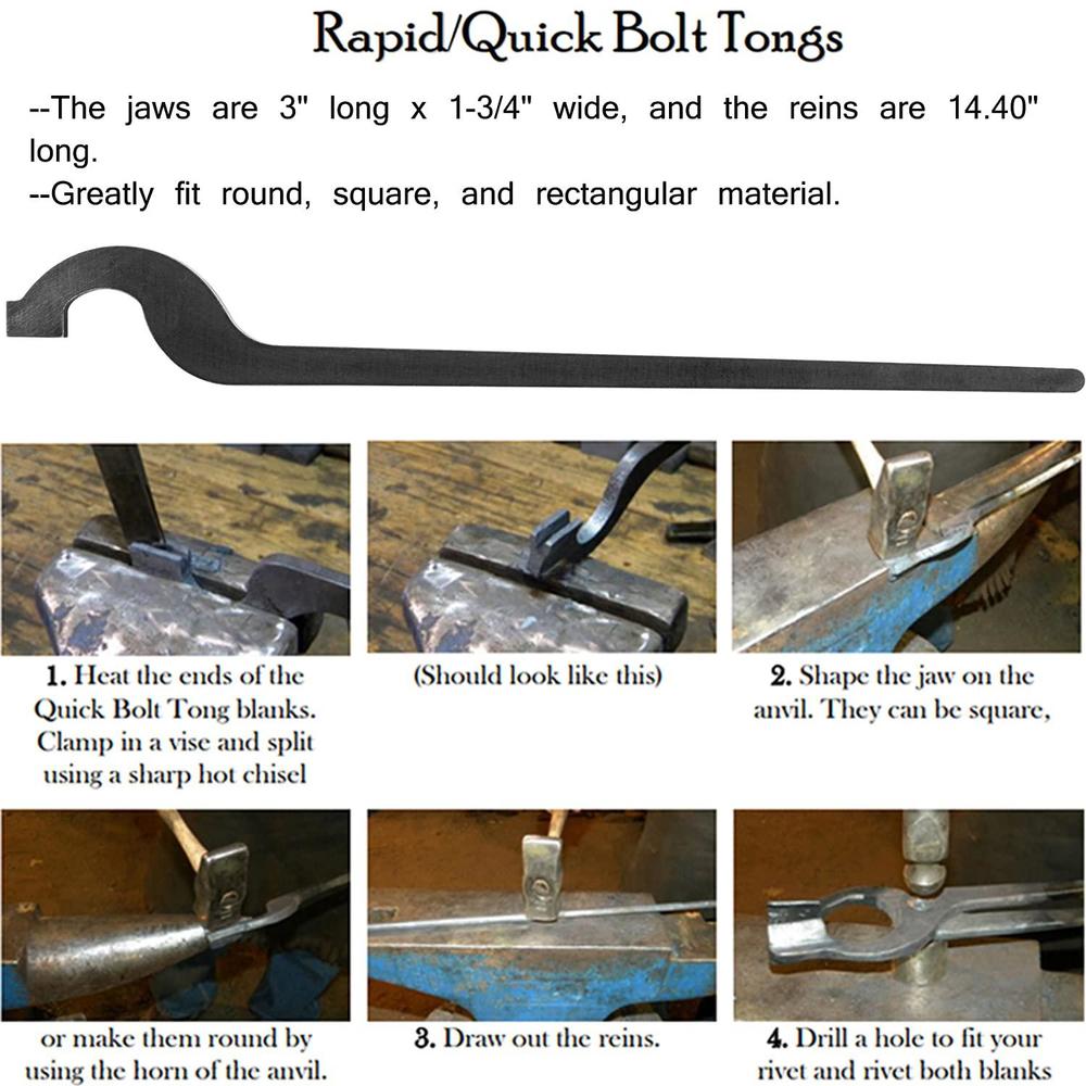 e-cowlboy rapid tongs bundle set five types diy blacksmith tongs with rivet, rapid bolt/flat jaw/slot jaw/v-bit/scroll tongs