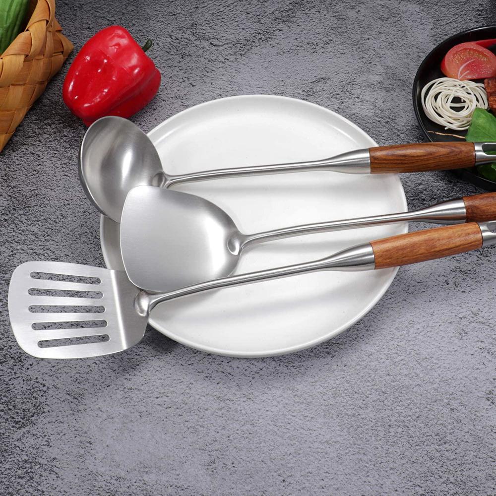 IQCWOOD cooking utensils set, 5 piece wooden utensils for cooking, stainless steel cooking utensils, wooden spatula kitchen tool set,