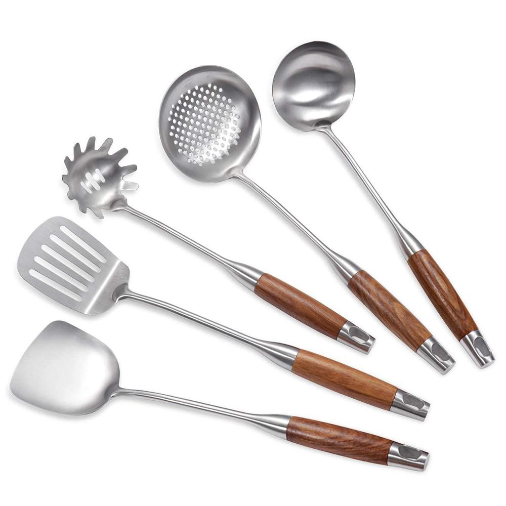 IQCWOOD cooking utensils set, 5 piece wooden utensils for cooking, stainless steel cooking utensils, wooden spatula kitchen tool set,