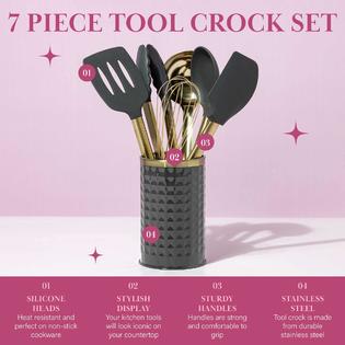 Paris Hilton paris hilton kitchen set tool crock with silicone cooking  utensils, stainless steel whisk and ladle, 7-piece, gold, charcoal