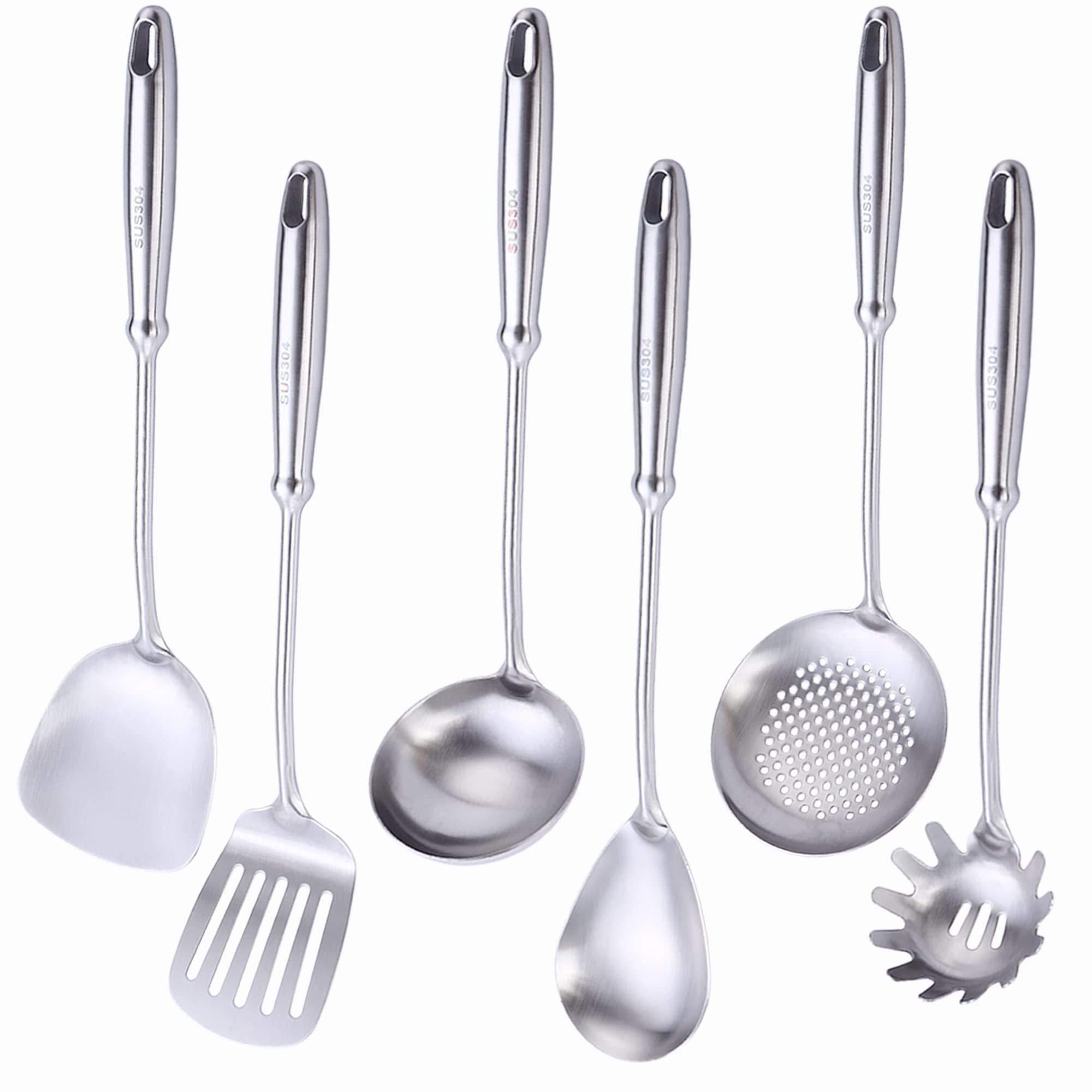Marte 304 Stainless Steel Kitchen Cooking Utensils Set,6 Pcs All Metal Professional Cooking Tools Set,Matte Heavy Duty Cooking Uten