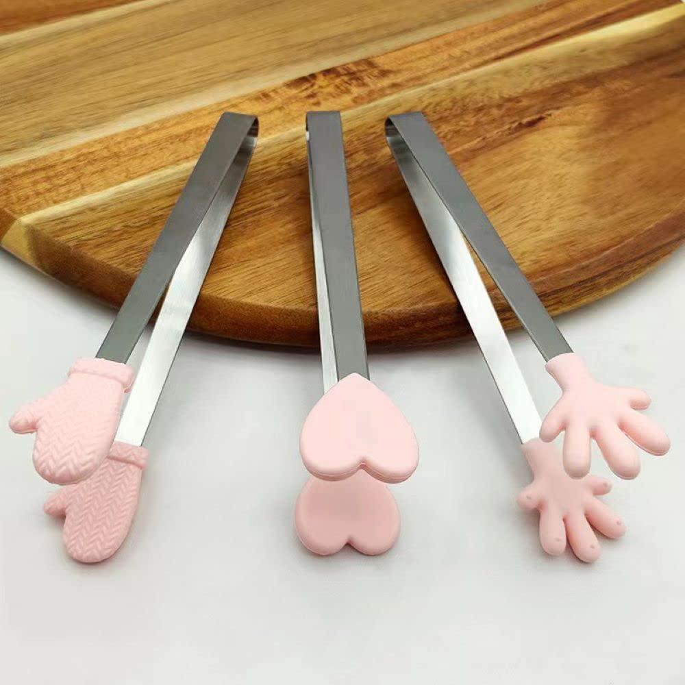 nentment 3 pack mini dessert tongs stainless ice cube clip pink hand heart glove shape small non-slip silicone baking bread t