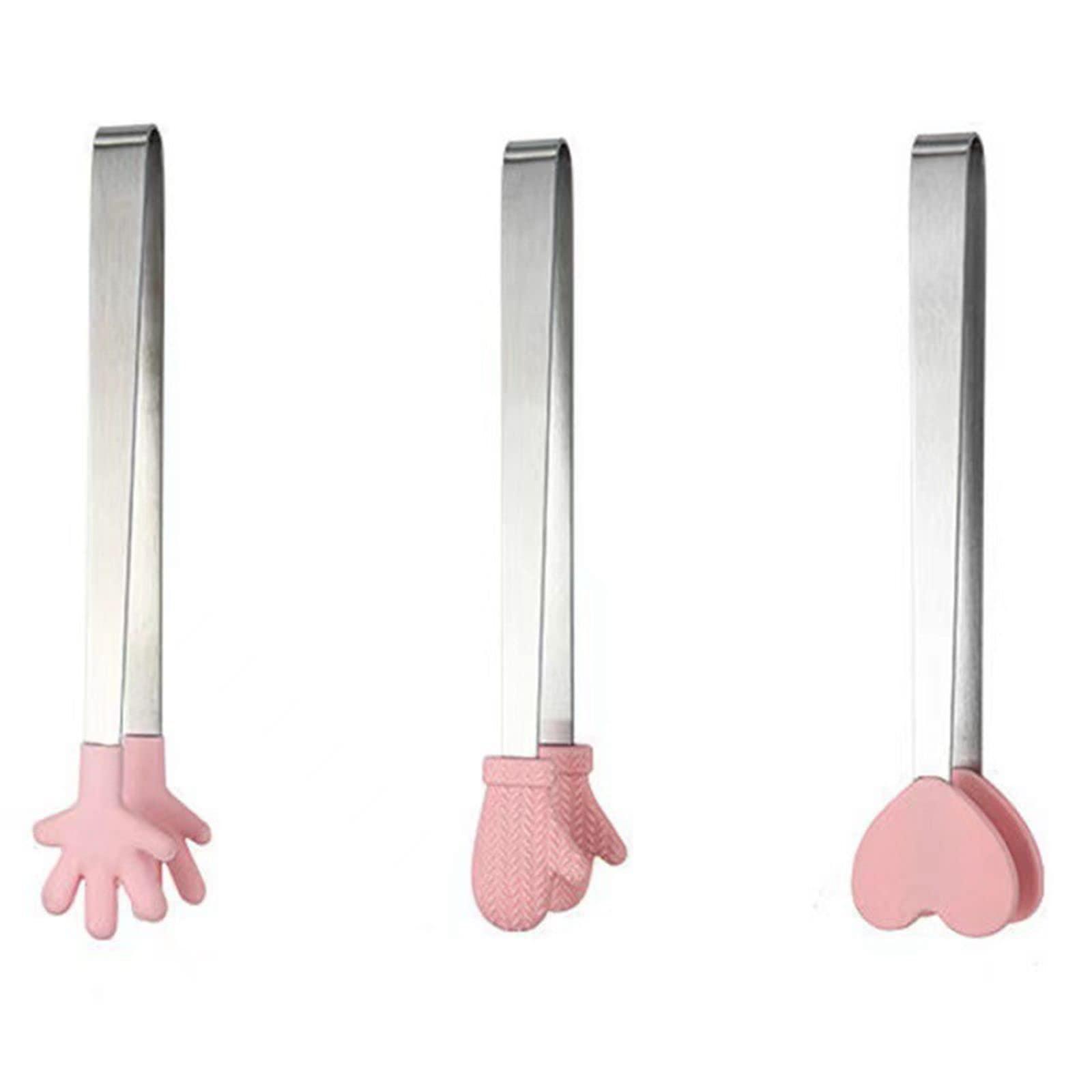 nentment 3 pack mini dessert tongs stainless ice cube clip pink hand heart glove shape small non-slip silicone baking bread t