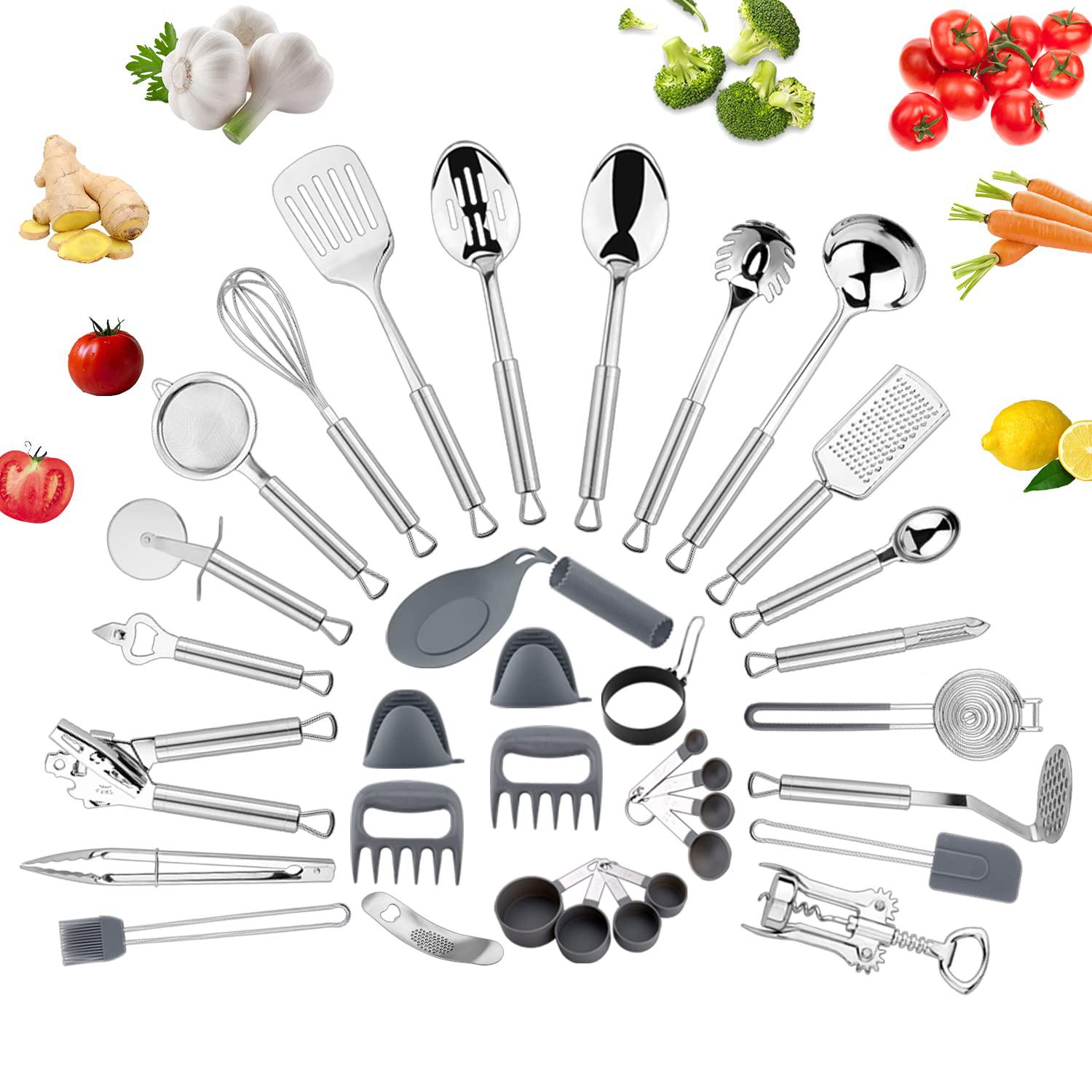 everbirght 35 pcs kitchen utensils set, stainless steel cooking utensils set  with tongs, spatula, spoon brush non-stick & hea