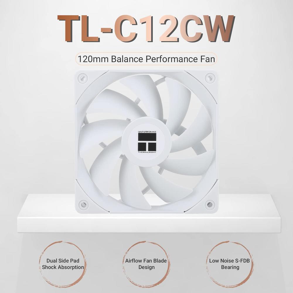 thermalright tl-c12cw cpu fan 120mm case cooler fan, 4pin pwm silent computer fan with s-fdb bearing included, up to 1550rpm 