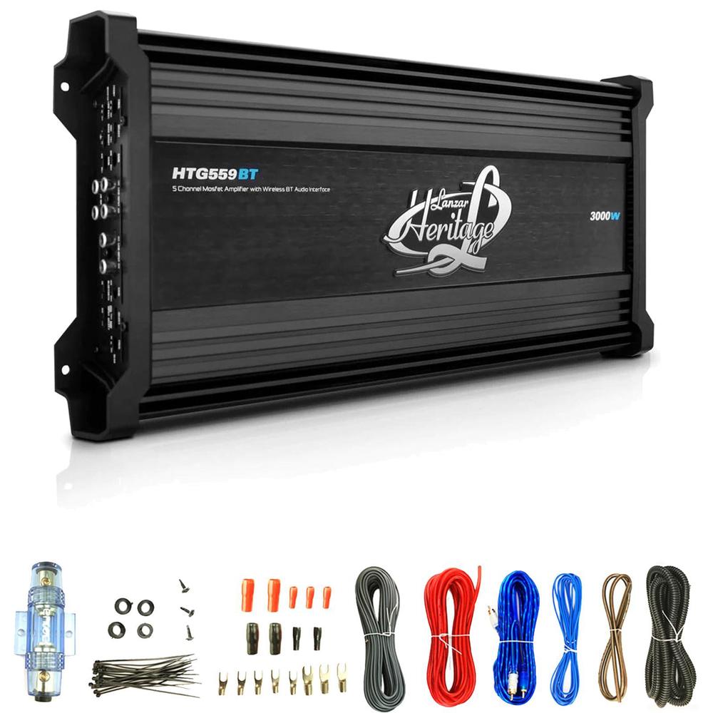 lanzar htg559bt 5-channel 2000 watt max power 2 ohm stable high and low pass filters bluetooth mosfet car audio amplifier bun