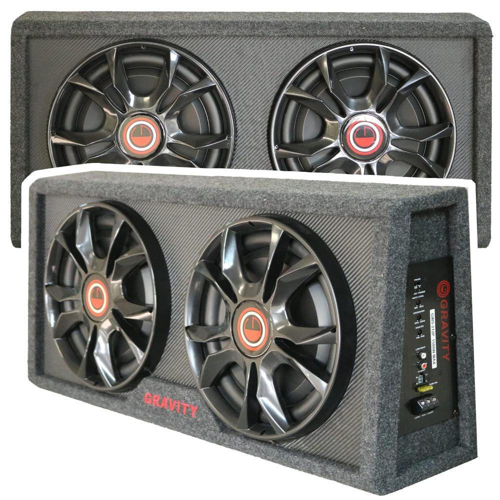 gravity 1500w dual 12" active powered ported car truck subwoofer vented slim enclosure behind the seat