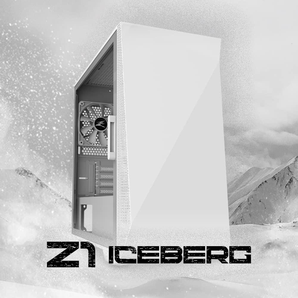 zalman z1 iceberg matx mini tower gaming computer cases, hinged side panel & tempered glass, 3x pre-installed fans, usb 3.0 (