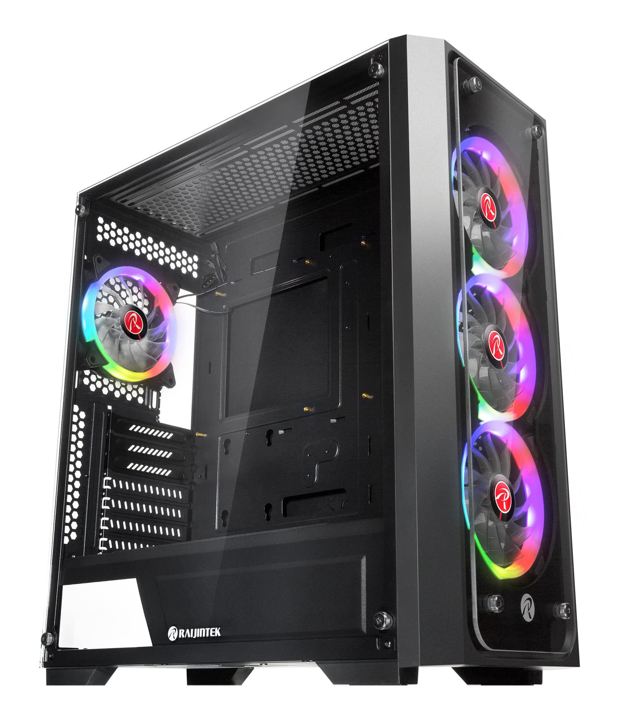 raijintek ponos tg4, mid-tower pc case, with tempered glass (front & side), eeb m/b, comes with 4pcs 12025 argb fans, compati