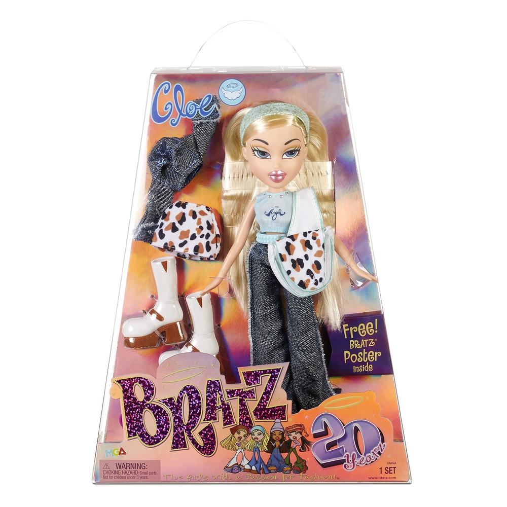 bratz 20 yearz anniversary edition cloe doll - 2 outfits, accessories & holographic poster - ages 7+