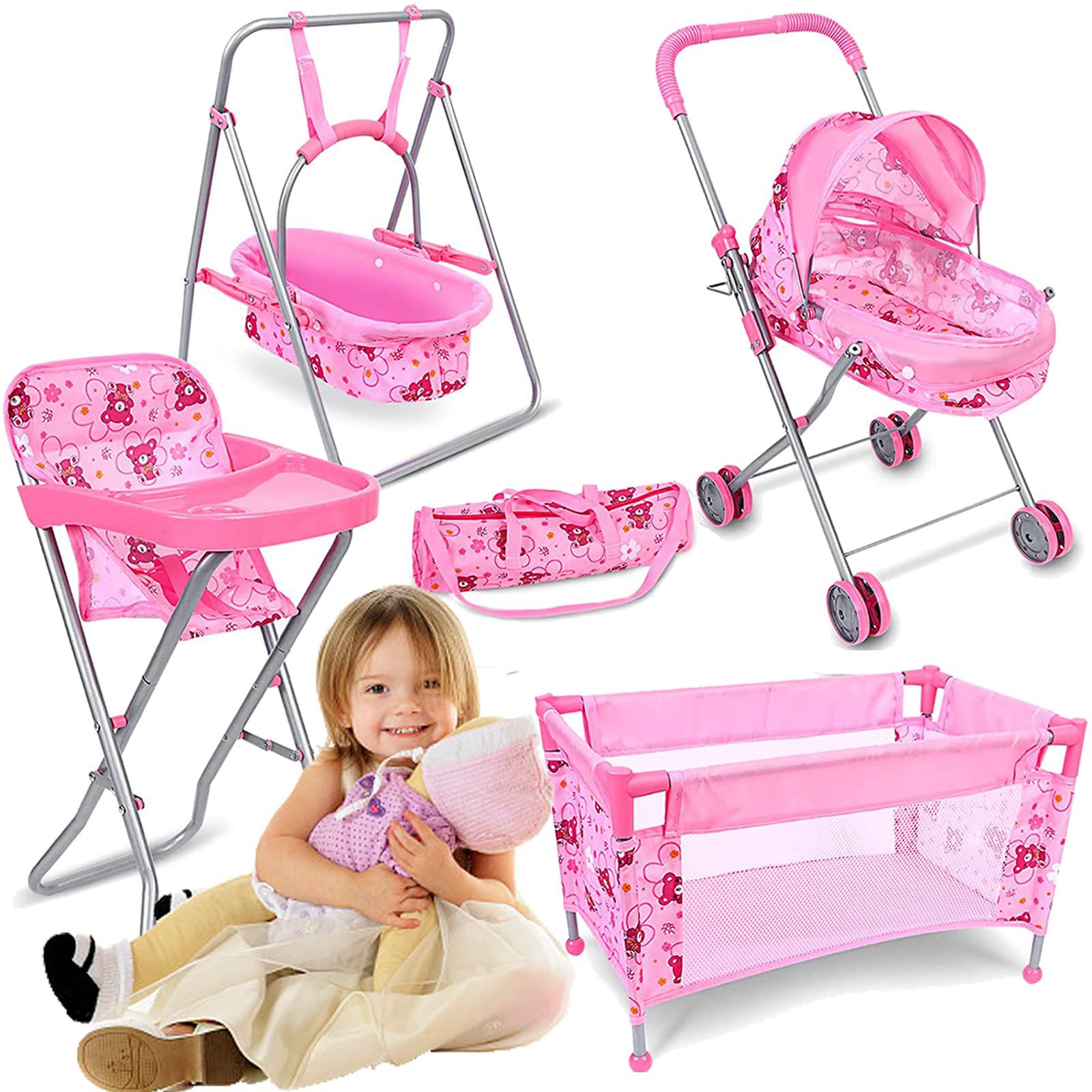 XIDAJIE stroller for dolls baby doll stroller set fits 16" dolls - 4 pcs baby doll playset with foldable doll stroller,doll crib,doll