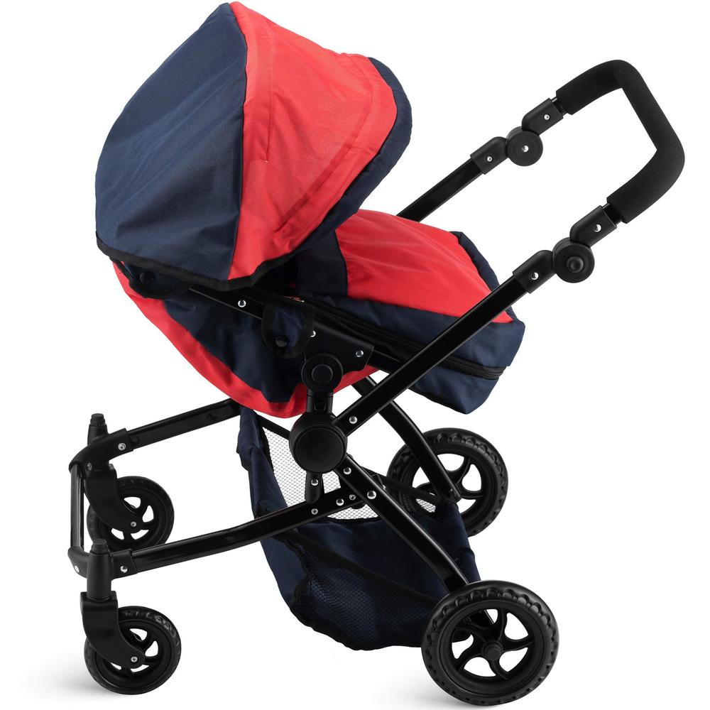 hushlily my first baby doll twin stroller foldable double doll pram in red and navy blue for toddlers and kids with convertib