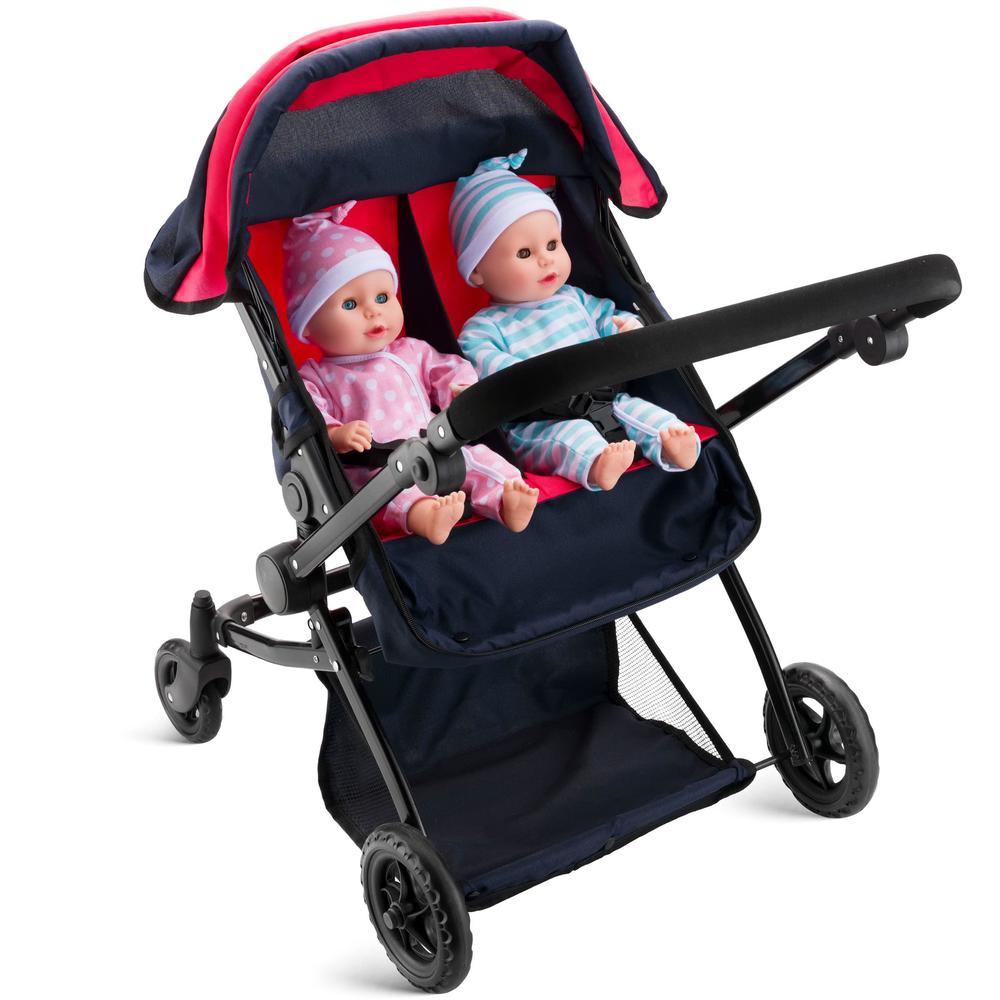 hushlily my first baby doll twin stroller foldable double doll pram in red and navy blue for toddlers and kids with convertib