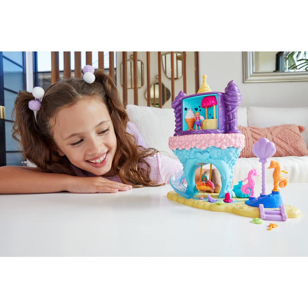 polly pocket rainbow funland mermaid cove ride playset, polly & mermaid dolls, accessories, dispenser feature for surprises, 