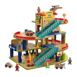 kidkraft wash n go wooden car garage playset with 19-piece accessory set and moving elevator, gift for ages 3+