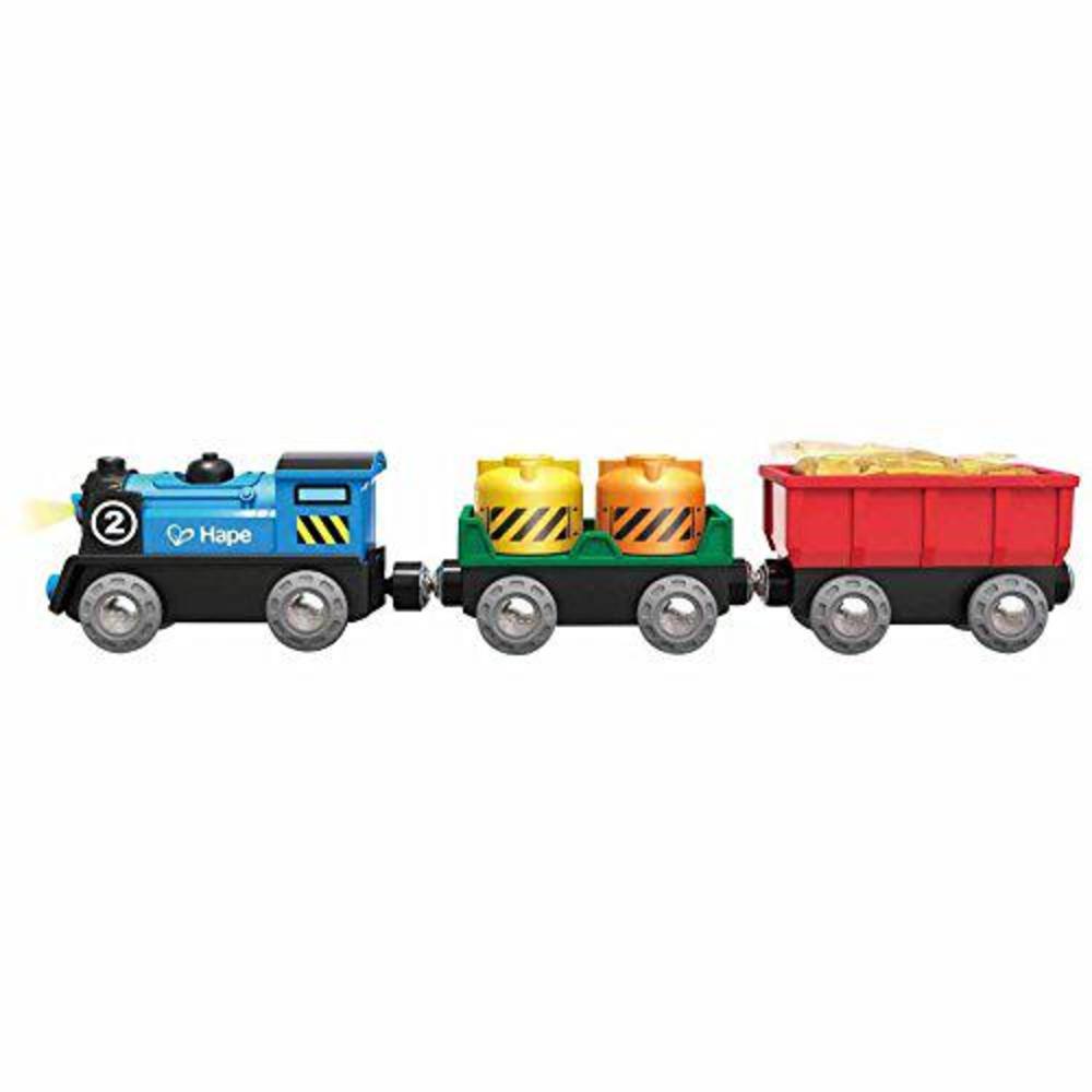 hape battery powered engine set | colorful wooden train set, battery operated locomotive with working lamp multi-color, l: 11