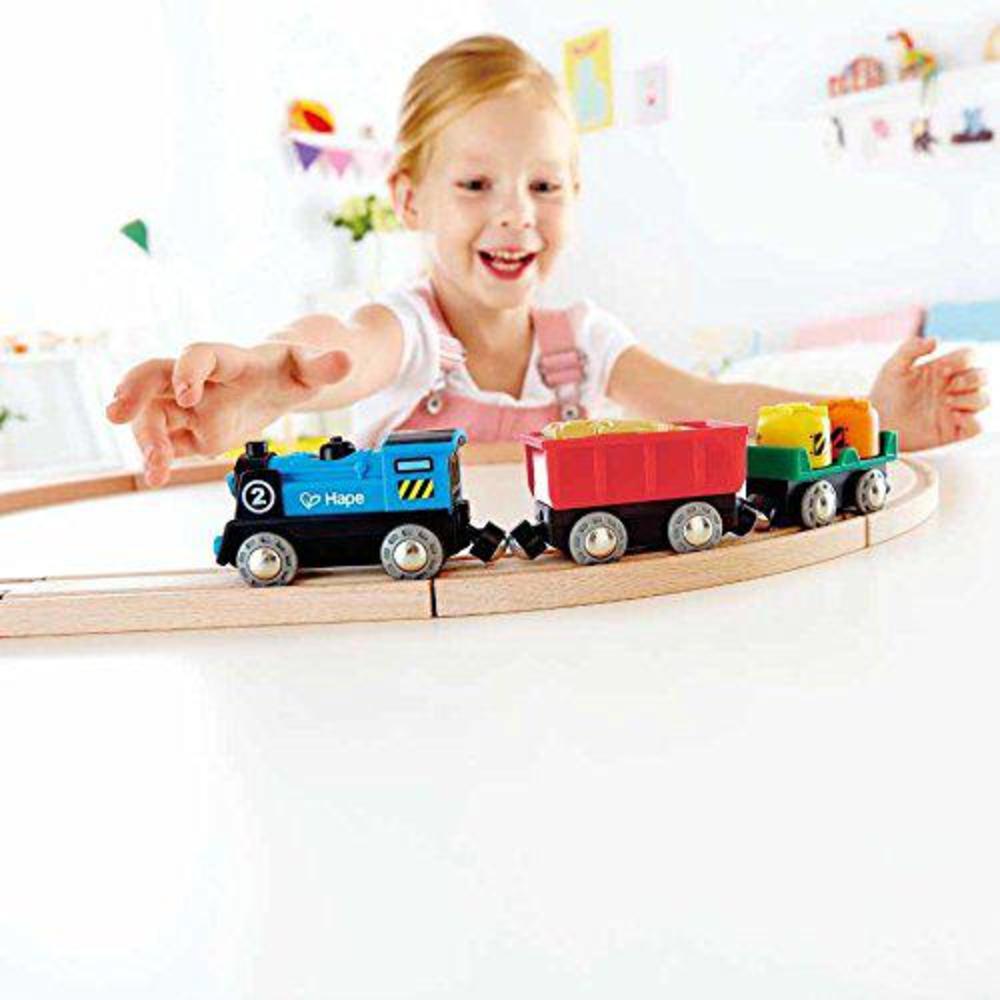 hape battery powered engine set | colorful wooden train set, battery operated locomotive with working lamp multi-color, l: 11